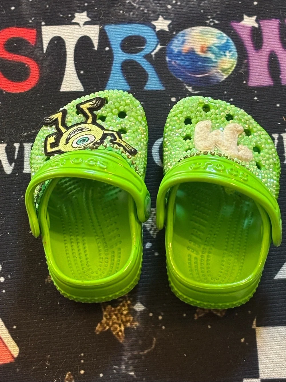 CROCS Kids' Lime Green Jeweled Clogs with Monster Patch